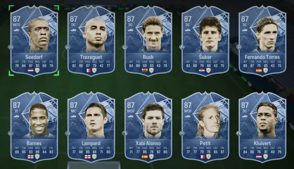 Cartas Icono Seedor, Trezeguet, Rush, Suker, Torres, Barnes, Lampard, Xabi Alonso, Petit y Kluivert EA Sports FC 24 Ultimate Team