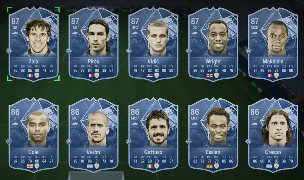 Cartas Icono Zola, Pirés, Vidic, Wright, Makélélé, Cole, Verón, Gattuso, Essien y Crespo EA Sports FC 24 Ultimate Team