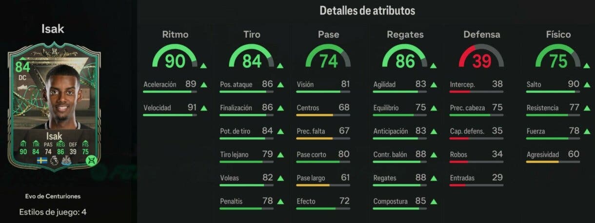 Stats in game Isak Evo de Centuriones EA Sports FC 24 Ultimate Team
