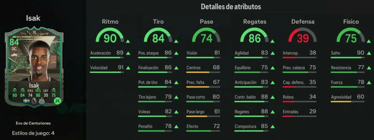 Stats in game Isak Evo de Centuriones EA Sports FC 24 Ultimate Team