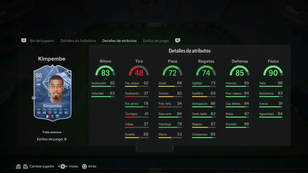 Stats in game Kimpembe Héroe de triple amenaza EA Sports FC 24 Ultimate Team