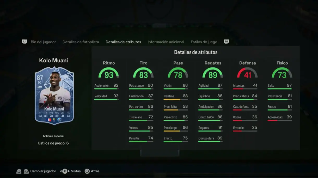 Stats in game Kolo Muani FC PRO LIVE EA Sports FC 24 Ultimate Team