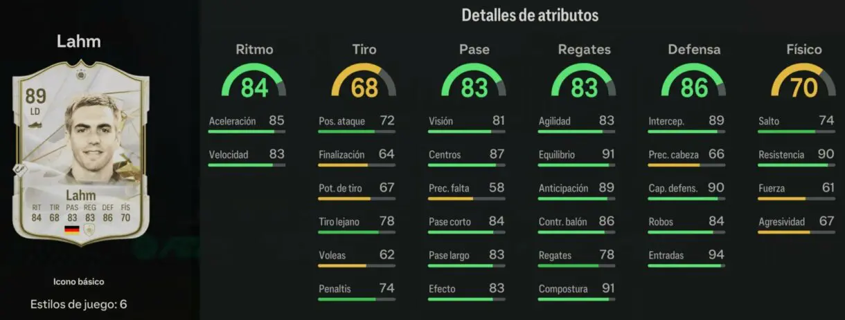 Stats in game Lahm Icono básico EA Sports FC 24 Ultimate Team