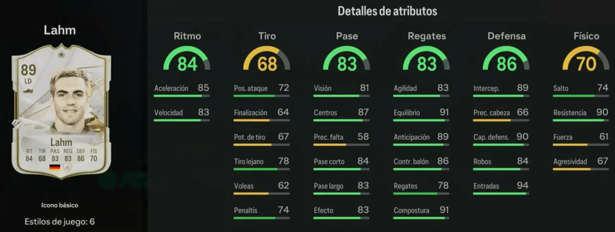 Stats in game Lahm Icono básico EA Sports FC 24 Ultimate Team