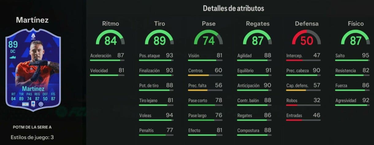 Stats in game Lautaro Martínez POTM de la Serie A EA Sports FC 24 Ultimate Team