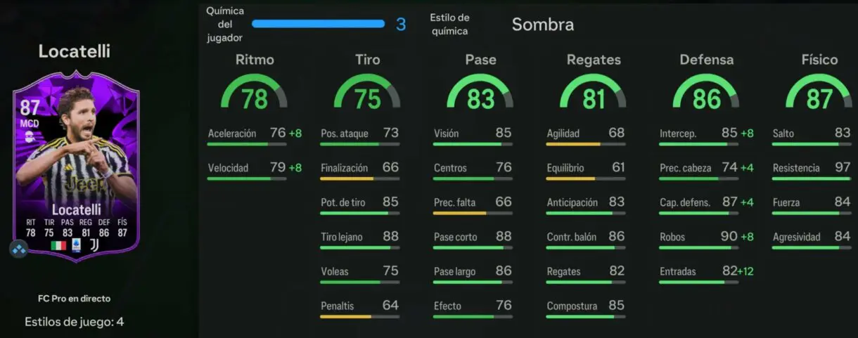 Stats in game Locatelli FC PRO LIVE EA Sports FC 24 Ultimate Team