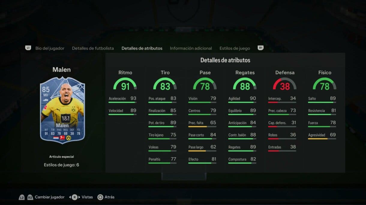 Stats in game Malen FC PRO LIVE EA Sports FC 24 Ultimate Team