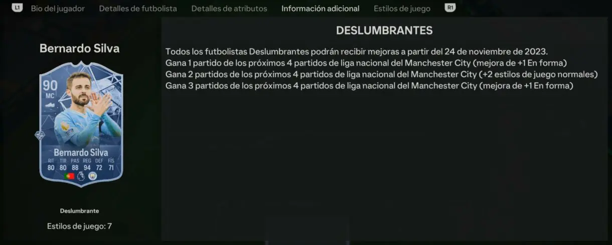 Información adicional Bernardo Silva Deslumbrantes (explicando el sistema de mejora) EA Sports FC 24 Ultimate Team