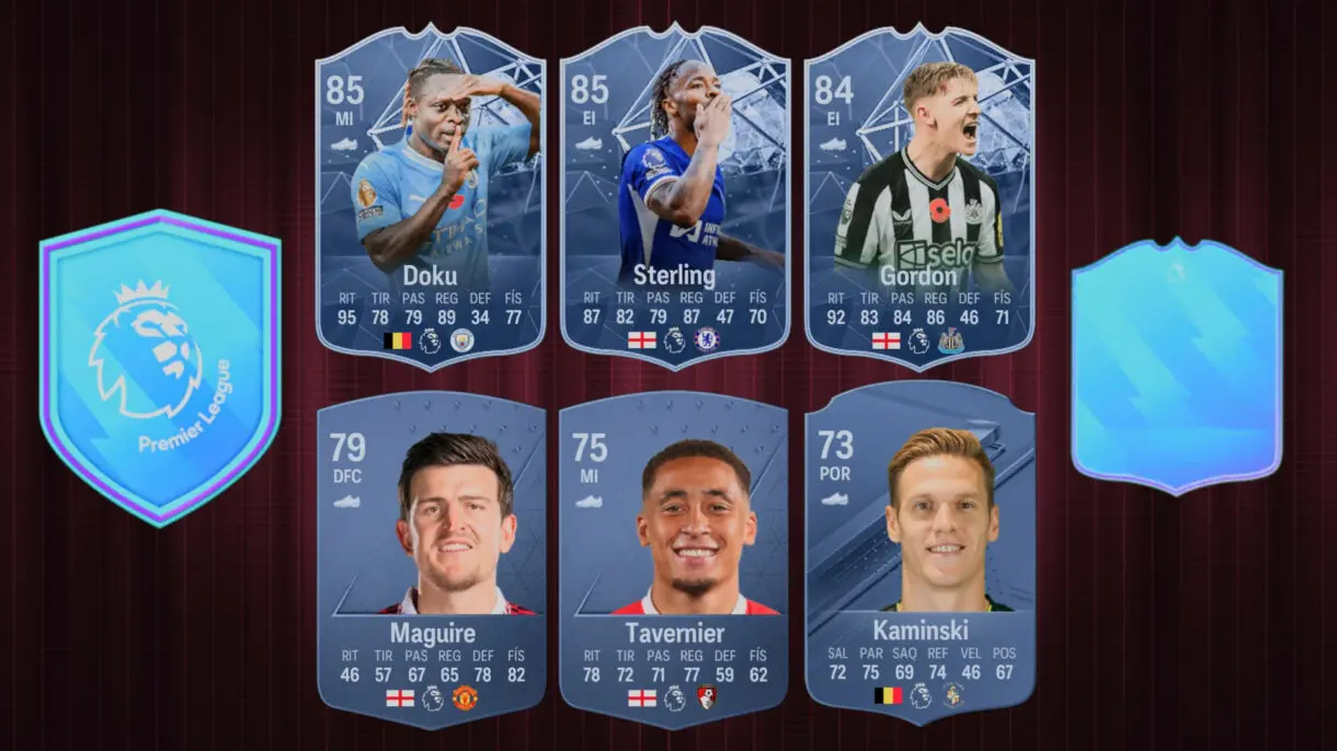 Diseño con las cartas (como conceptuales) de Doku SIF, Sterling SIF, Gordon Pundit Pick, Maguire oro, Tavernier oro y Kaminski plata EA Sports FC 24 Ultimate Team