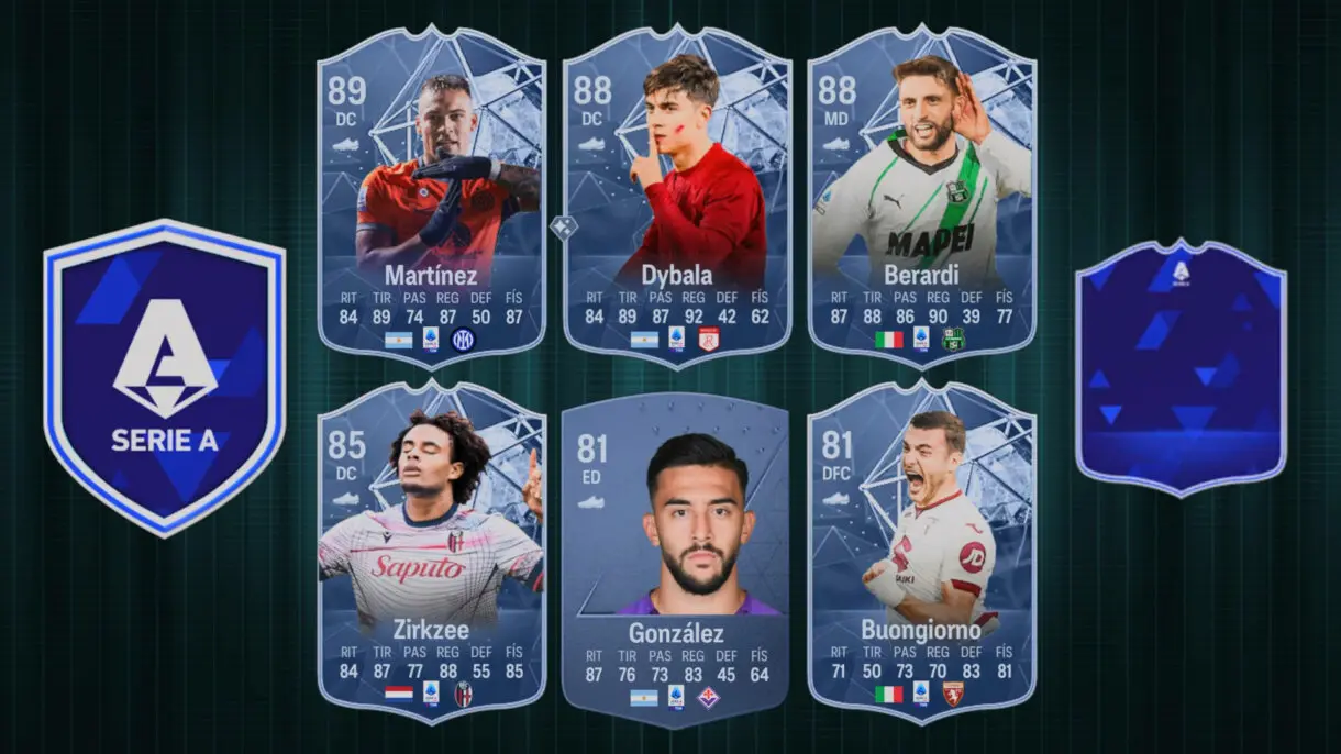 Diseño con las cartas (como conceptuales) de Martínez POTM, Dybala SIF, Berardi SIF, Zirkzee Dúos Dinámicos, González oro y Buongiorno IF EA Sports FC 24 Ultimate Team