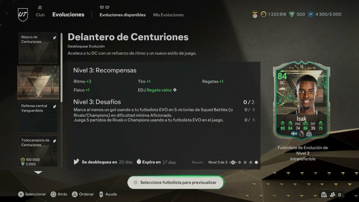 Menú Evoluciones EA Sports FC 24 Ultimate Team mostrando la información de Delantero de Centuriones
