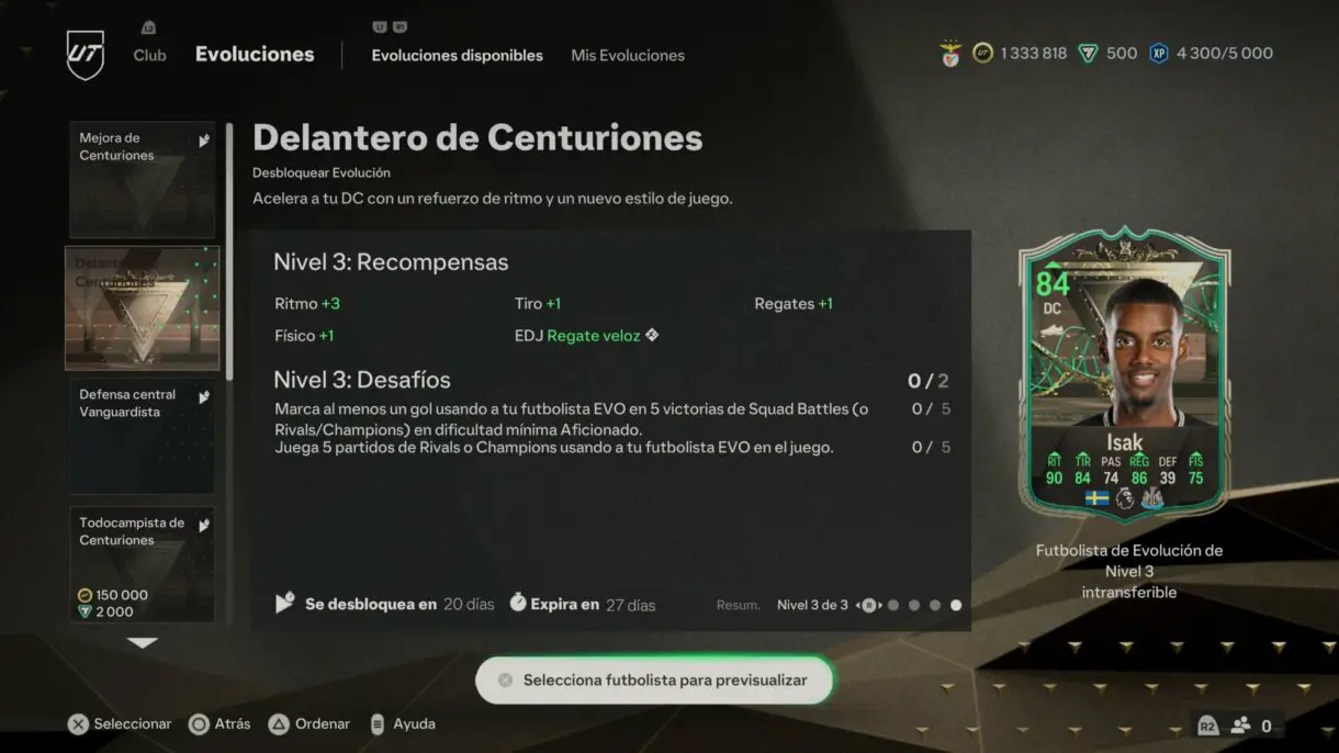 Menú Evoluciones EA Sports FC 24 Ultimate Team mostrando la información de Delantero de Centuriones