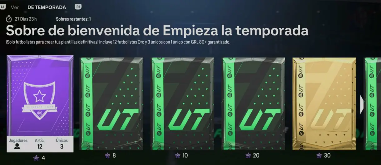Recompensas Momentos temporada Ya es navidad mostrando el Sobre de bienvenida de Empieza la temporada EA Sports FC 24 Ultimate Team
