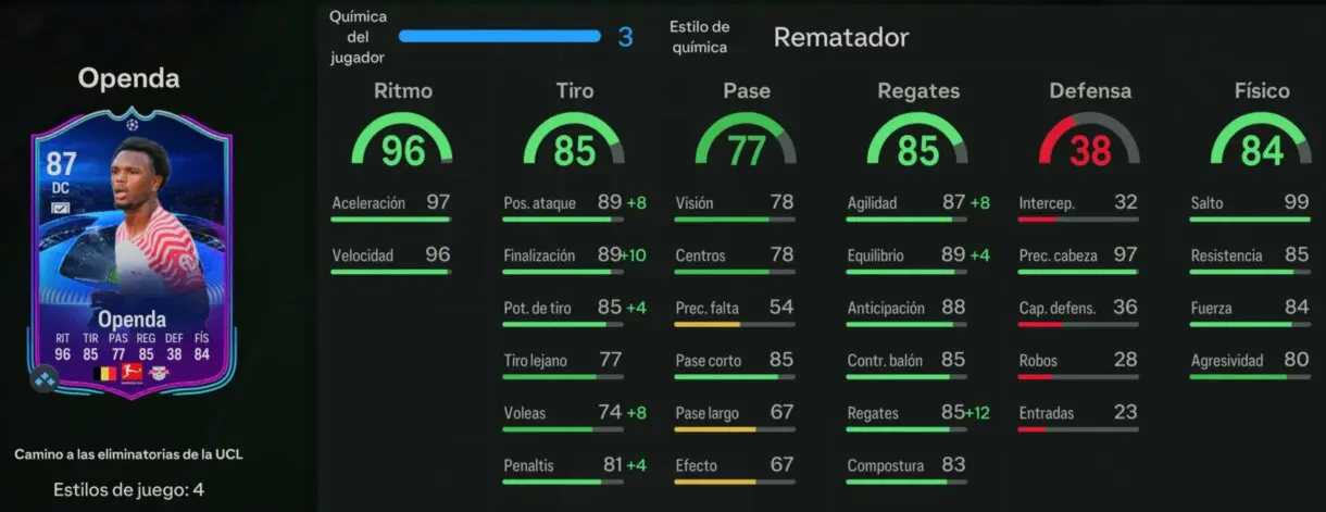Stats in game Openda RTTK EA Sports FC 24 Ultimate Team