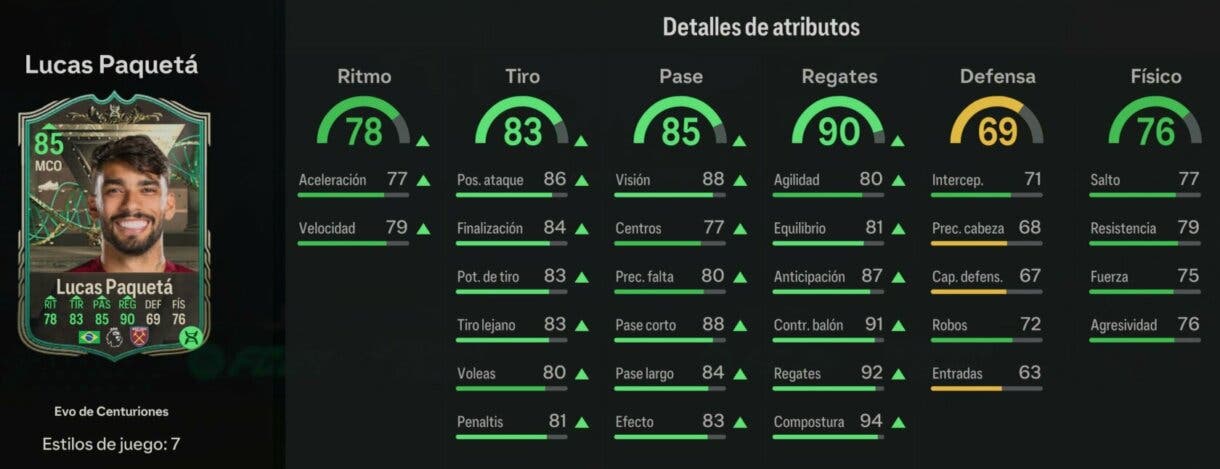 Stats in game Paquetá Evo de Centuriones EA Sports FC 24 Ultimate Team