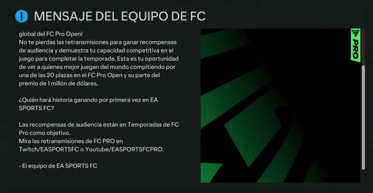 Mensaje sobrelas recompensas por ver las retransmisiones de FC PRO EA Sports FC 24 Ultimate Team