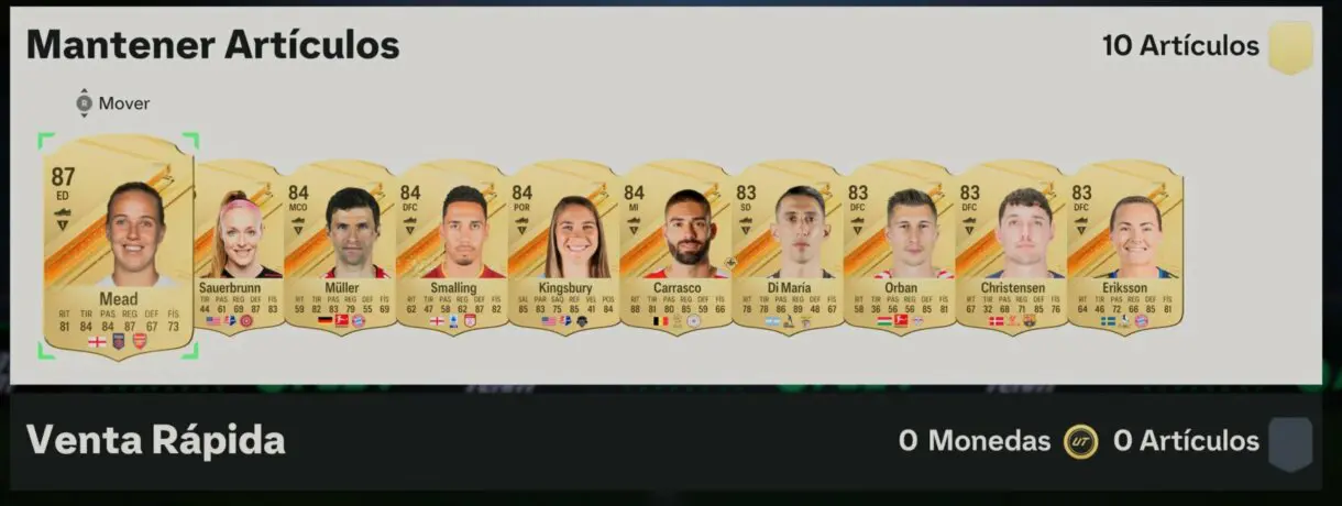 Artículos sin asignar Mead, Sauerbrunn, Müller, Smalling, Kingsbury, Carrasco, Di María, Orban, Christensen y Eriksson EA Sports FC 24 Ultimate Team