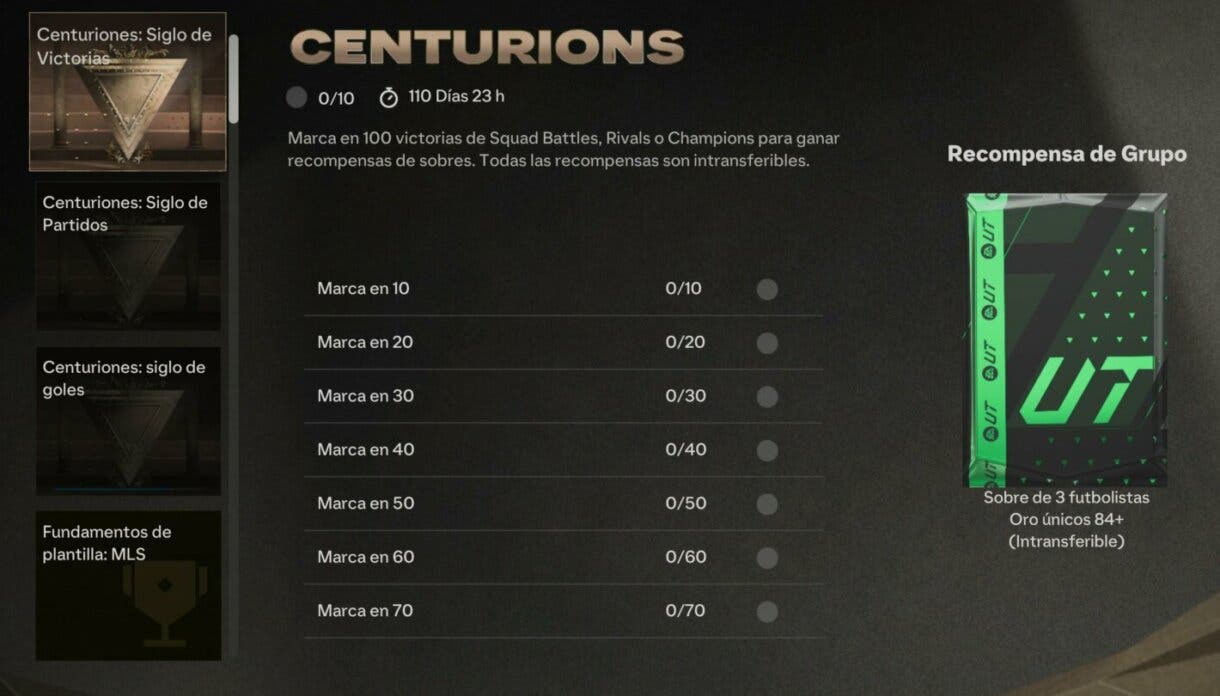 Apartado Hitos EA Sports FC 24 Ultimate Team mostrando los objetivos de Centuriones: Siglo de Victorias