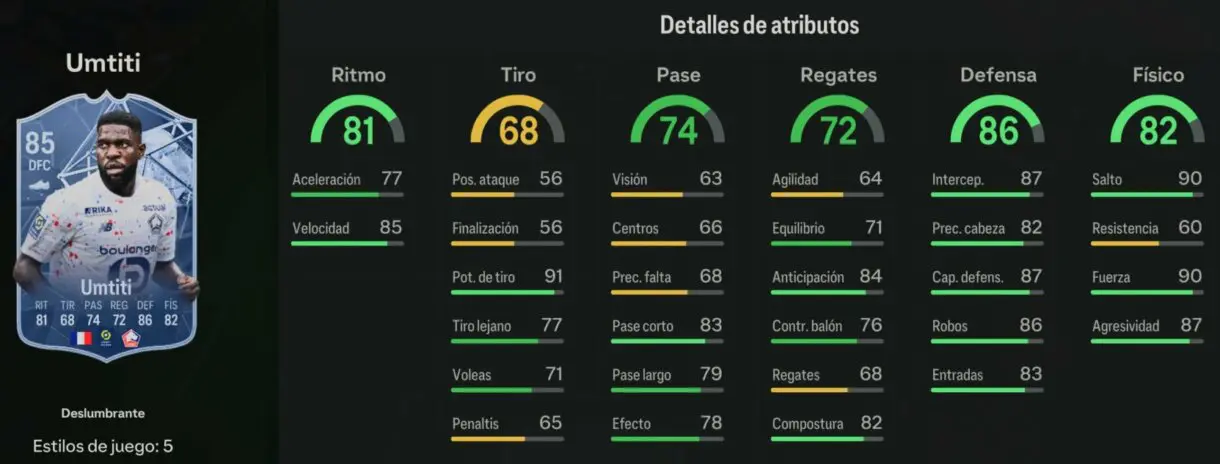 Stats in game Umtiti Deslumbrante 85 EA Sports FC 24 Ultimate Team