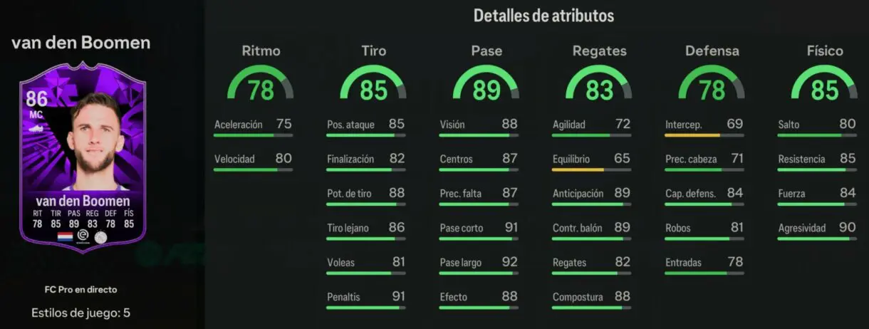 Stats in game van den Boomen FC PRO LIVE EA Sports FC 24 Ultimate Team