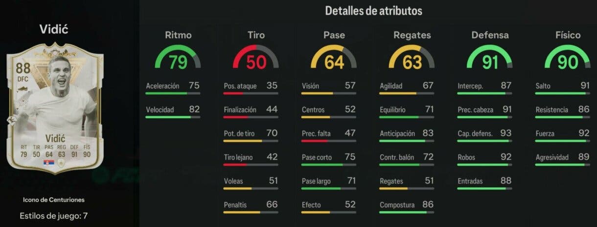 Stats in game Vidic Icono de Centuriones EA Sports FC 24 Ultimate Team