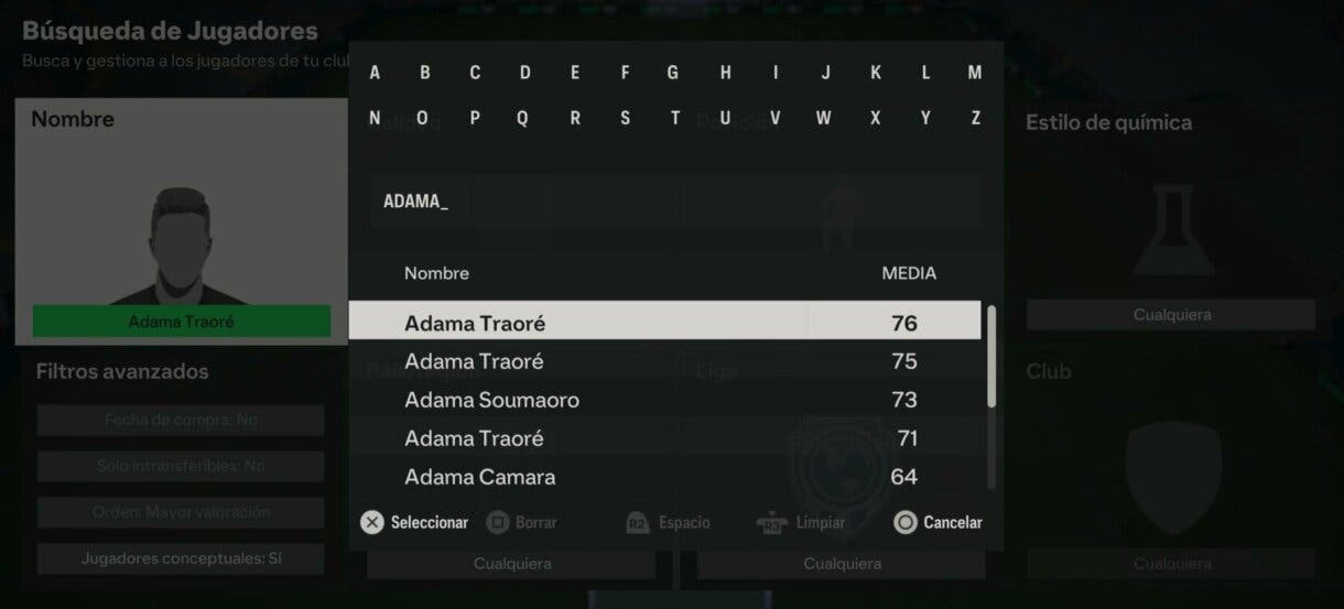 Búsqueda de jugadores EA Sports FC 24 Ultimate Team mostrando los resultados al escribir "ADAMA"