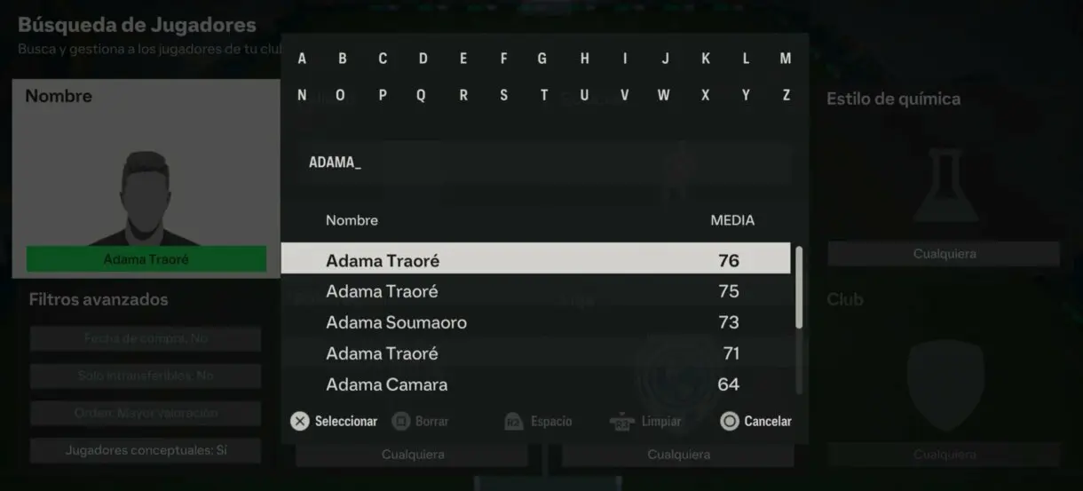 Búsqueda de jugadores EA Sports FC 24 Ultimate Team mostrando los resultados al escribir "ADAMA"