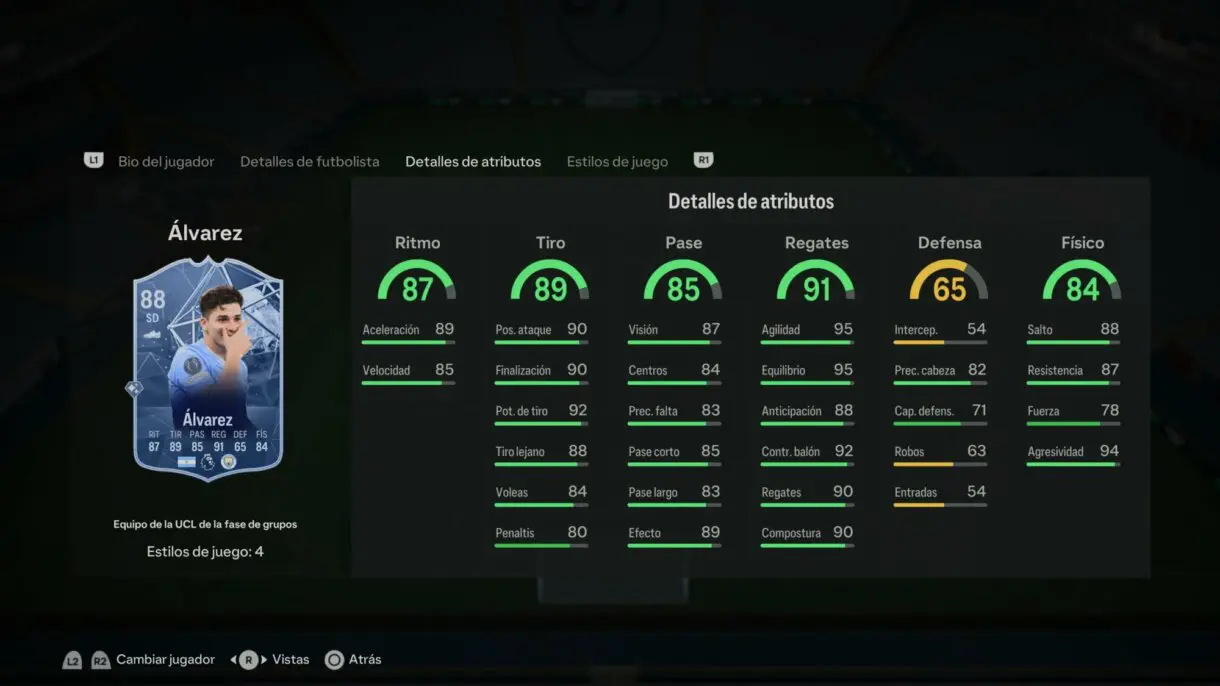Stats in game Julián Álvarez TOTGS EA Sports FC 24 Ultimate Team