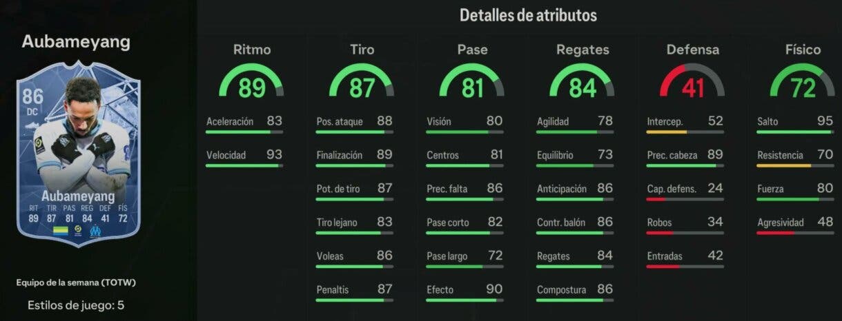 Stats in game Aubameyang SIF EA Sports FC 24 Ultimate Team