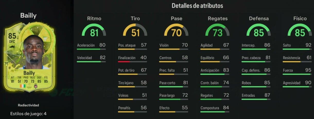 Stats in game Bailly Radioactividad EA Sports FC 24 Ultimate Team