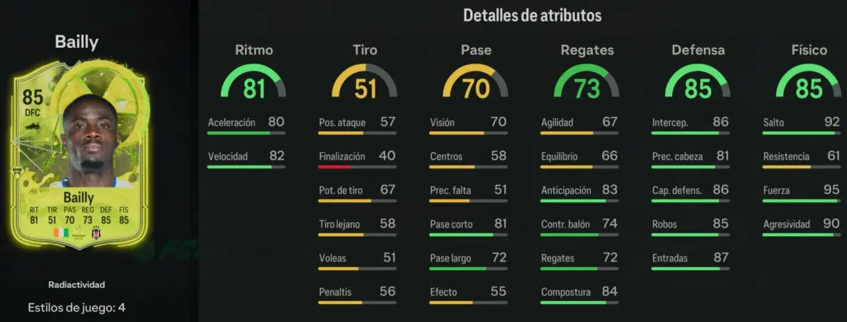 Stats in game Bailly Radioactividad EA Sports FC 24 Ultimate Team
