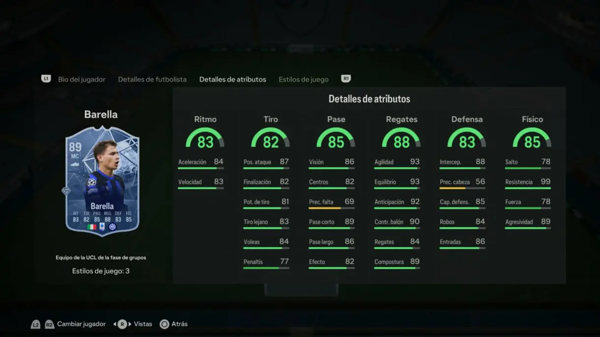 Stats in game Barella TOTGS EA Sports FC 24 Ultimate Team