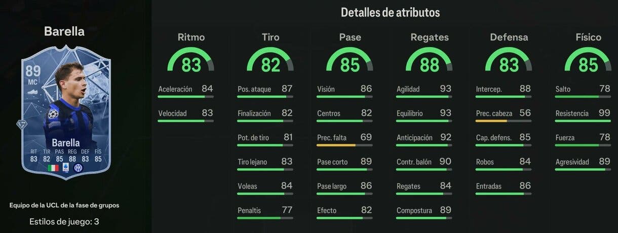 Stats in game Barella TOTGS EA Sports FC 24 Ultimate Team