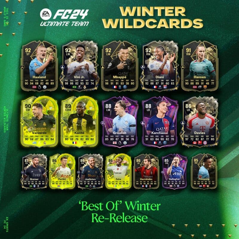 Diseño con las cartas que regresaron a los sobres de EA Sports FC 24 Ultimate Team por el Best of Winter