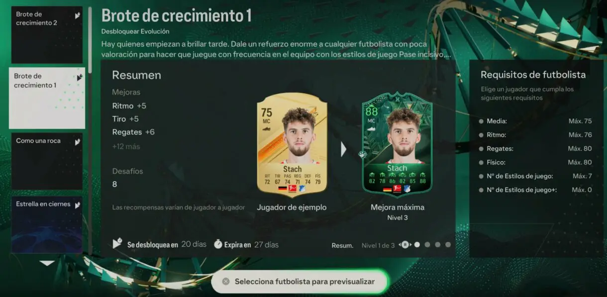 Menú Evoluciones EA Sports FC 24 Ultimate Team mostrando los detalles de Brote de crecimiento 1