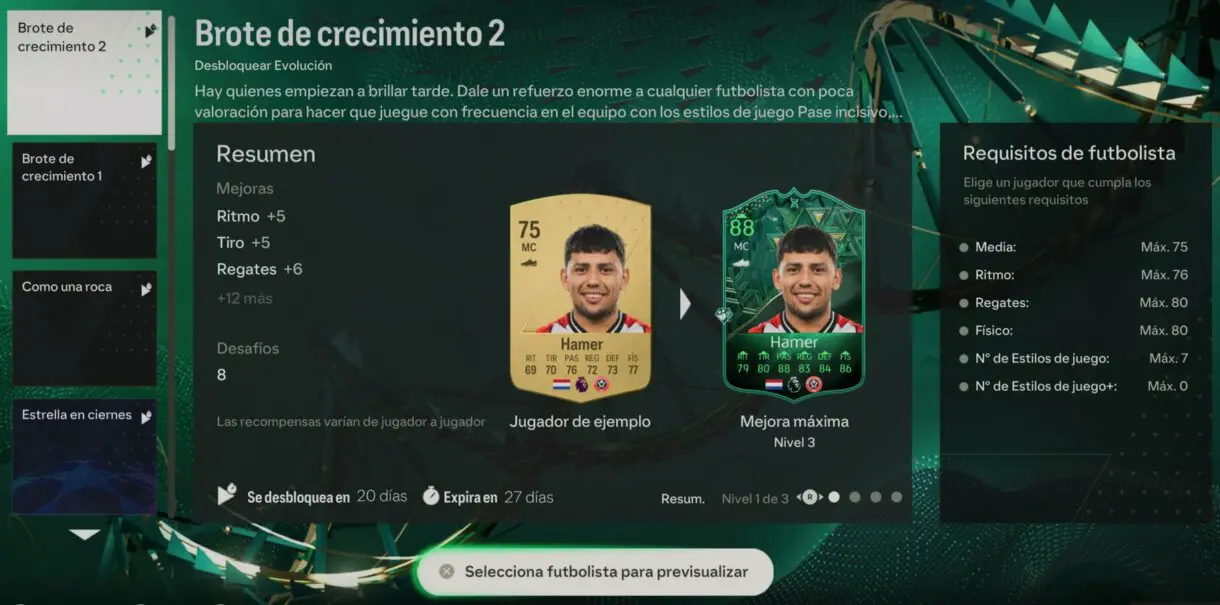 Menú Evoluciones EA Sports FC 24 Ultimate Team mostrando los detalles de Brote de crecimiento 2