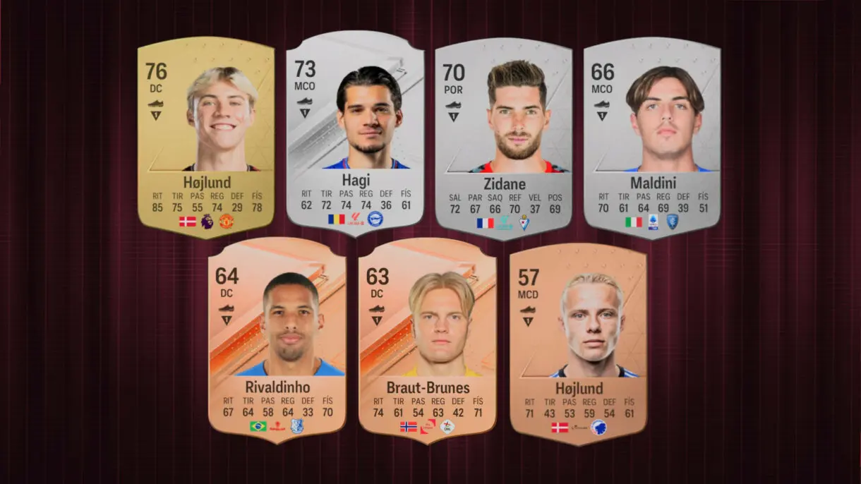 Diseño con las cartas base en EA Sports FC 24 Ultimate Team de Hojlund, Iani Hagi, Luca Zidane, Daniel Maldini, Rivaldinho, Braut-Brunes y Hojlund