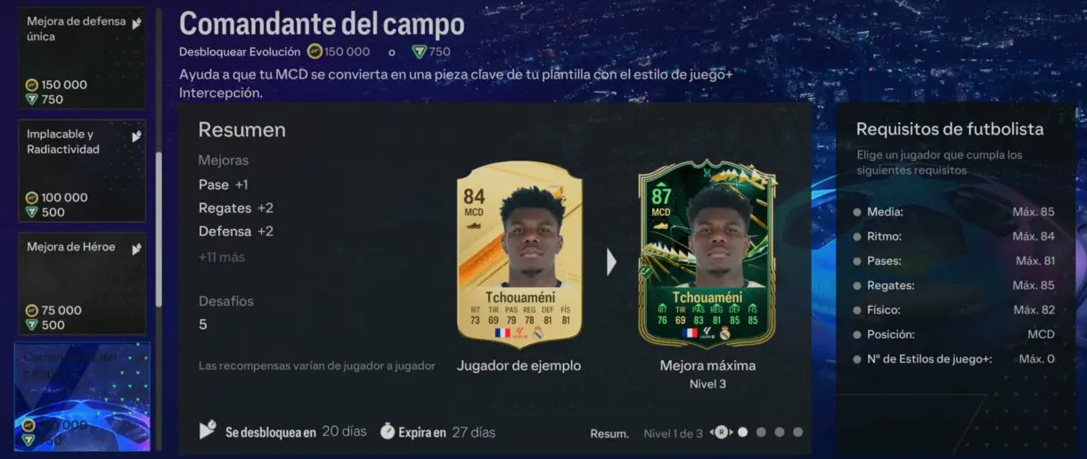 Menú Evoluciones EA Sports FC 24 Ultimate Team mostrando la información de una de las de Comandante del campo (con Tchouaméni como ejemplo)
