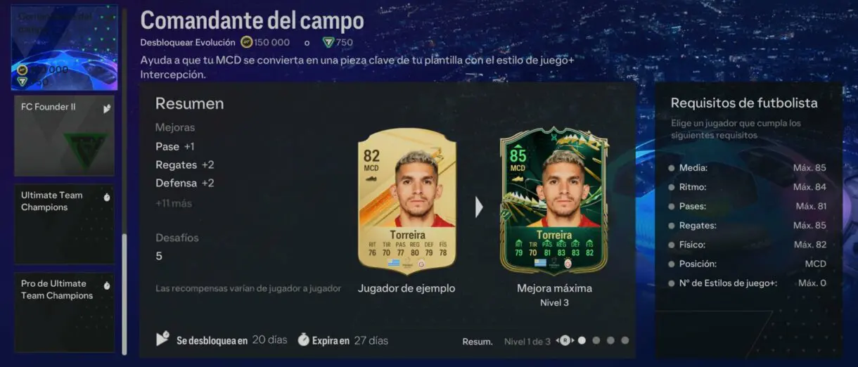 Menú Evoluciones EA Sports FC 24 Ultimate Team mostrando la información de una de las de Comandante del campo (con Torreira como ejemplo)
