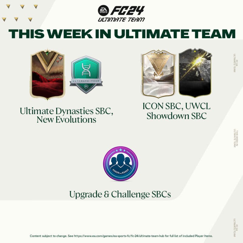 Diseño sobre algunos de los contenidos que estarán disponibles esta semana (11 de diciembre a 17) en EA Sports FC 24 Ultimate Team