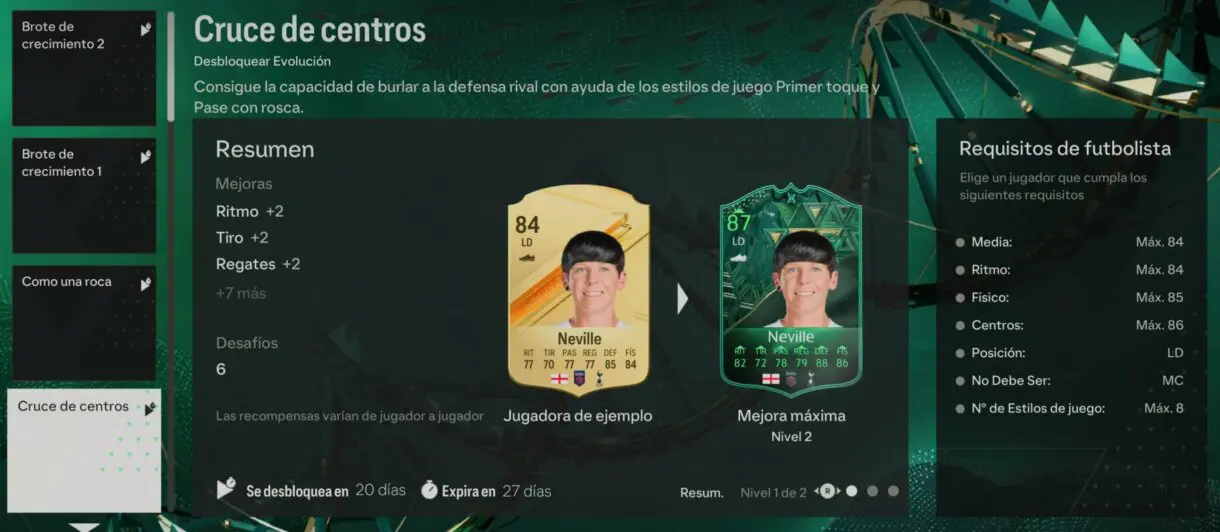 Menú Evoluciones EA Sports FC 24 Ultimate Team mostrando la información de Cruce de centros (para laterales derechos)