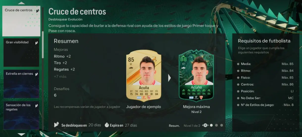 Menú Evoluciones EA Sports FC 24 Ultimate Team mostrando la información de Cruce de centros (para laterales izquierdos)