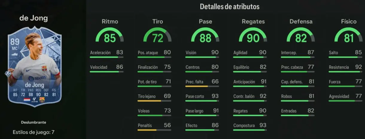 Stats in game de Jong Deslumbrante 89 EA Sports FC 24 Ultimate Team