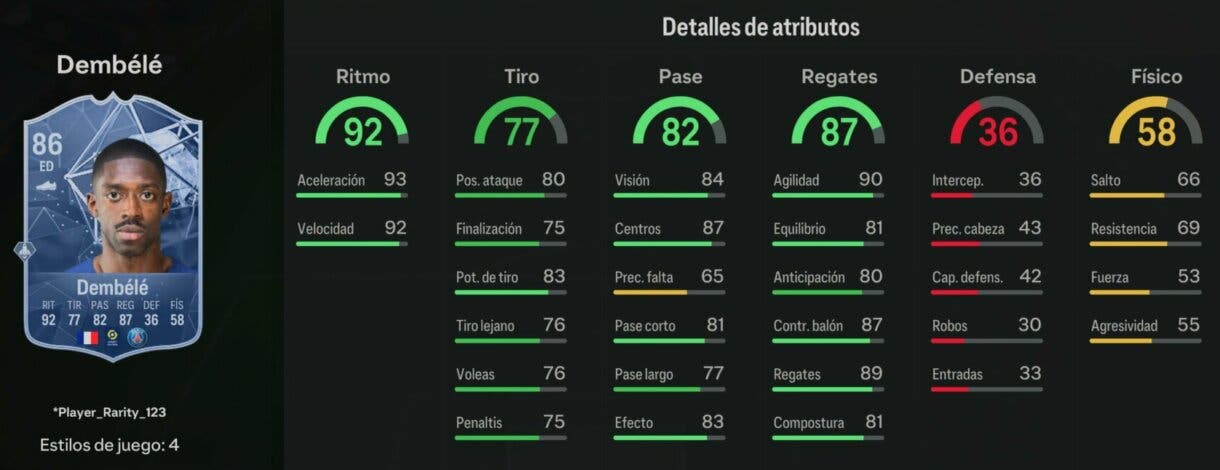 Stats in game Dembélé Embajadores UEFA EA Sports FC 24 Ultimate Team