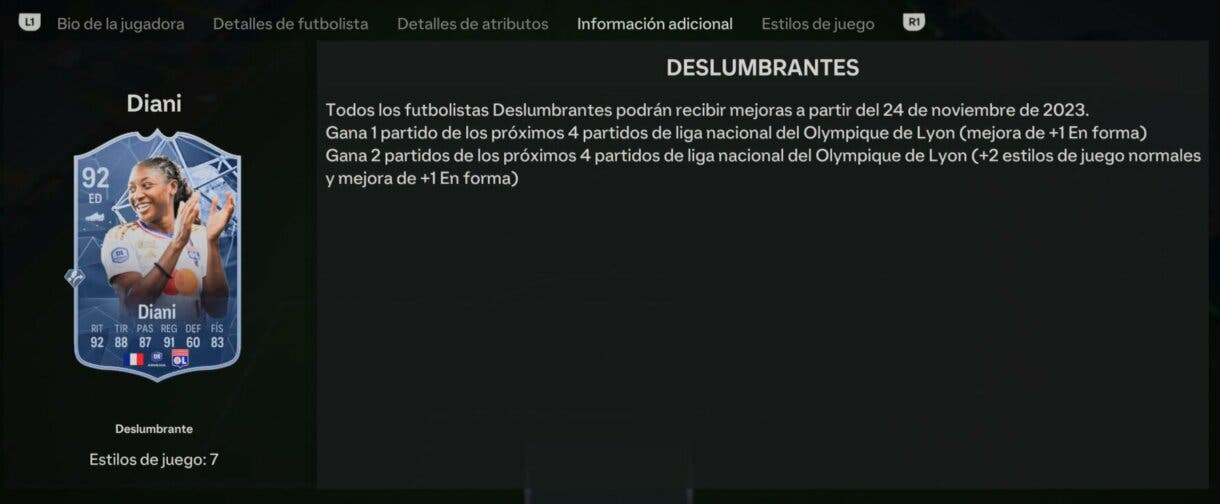 Información adicional Diani Deslumbrantes (explicando el sistema de mejora) EA Sports FC 24 Ultimate Team.