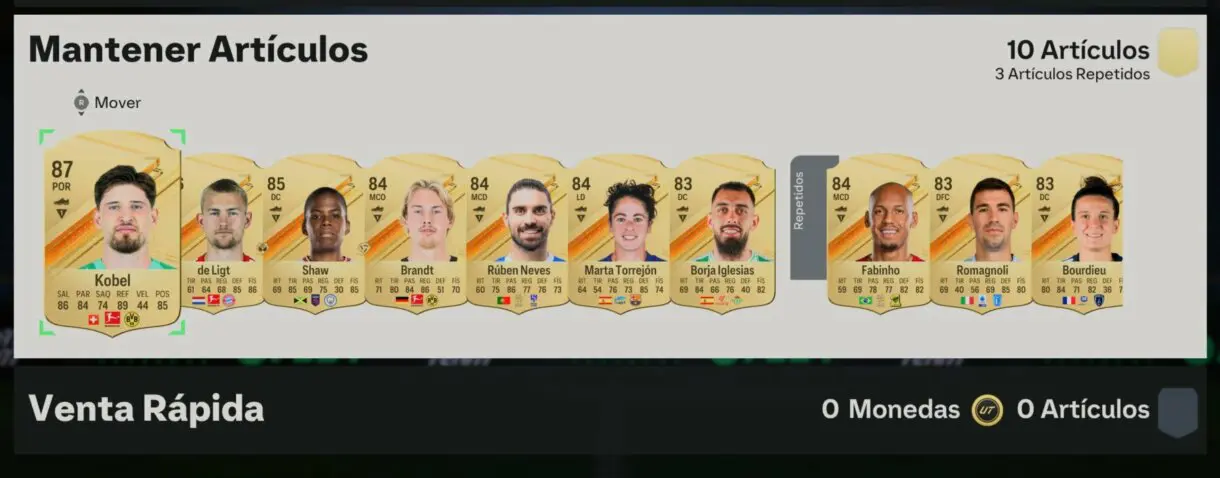 Cartas oro sin asignar tras abrir sobre Kobel, de Ligt, Shaw, Brandt, Rúben Neves, Torrejón, Iglesias, Fabinho, Romagnoli y Bourdieu EA Sports FC 24 Ultimate Team