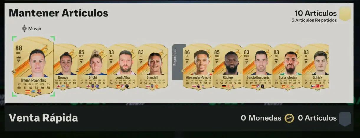 Cartas oro sin asignar tras abrir sobre Paredes, Bronze, Bright, Alba, Blundell, Alexander-Arnold, Rüdiger, Busquest, Iglesias y Schick EA Sports FC 24 Ultimate Team