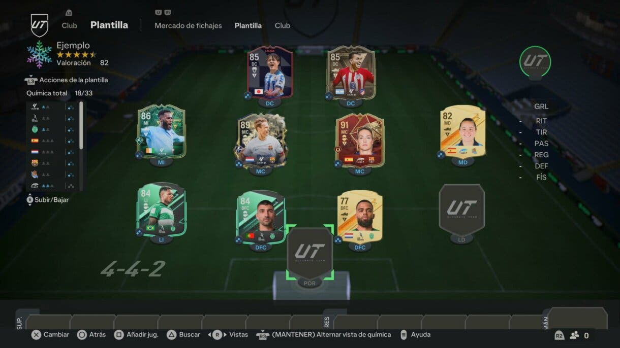 Menú plantilla EA Sports FC 24 Ultimate Team mostrando un once sin completar con cuatro cartas de LaLiga, tres de Liga Portugal y dos de Liga F