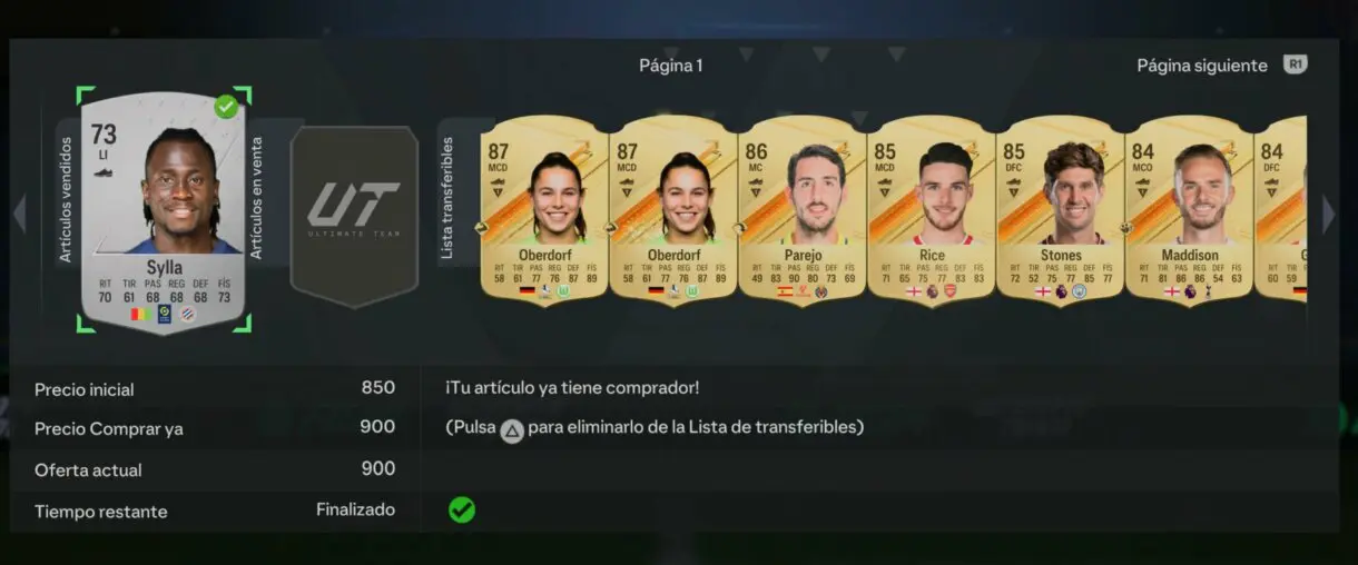 Lista de transferibles mostrando la carta Sylla plata vendida por 900 monedas EA Sports FC 24 Ultimate Team