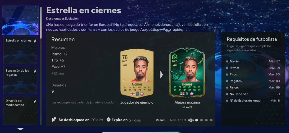 Menú Evoluciones EA Sports FC 24 Ultimate mostrando la información sobre Estrella en ciernes